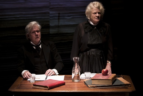 Actors Peter Finley and Liz Jones portray Commissioners Ewen Cameron and Anne Fraser Bon. Their views of justice for Aboriginal people differed significantly.(La Mama Courthouse Theatre, Melbourne, 2011. Photo: Steven Rhall. Click to enlarge)